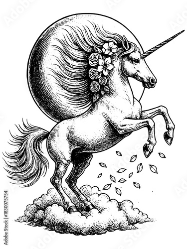 Vintage Engraving Unicorn Illustration, Mythical Horse with Flowers and Moon, Magical Line Art Clipart, Fantasy Decorative Design