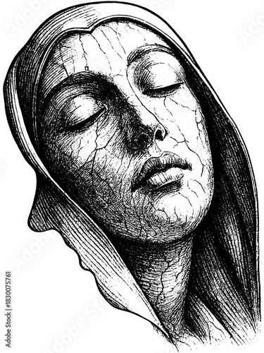 Vintage Engraving Emotional Woman Portrait, Cracked Face Symbolism, Spiritual Line Art Illustration, Surreal Artistic Clipart