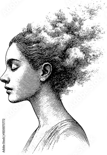 Surreal Engraving Woman Portrait with Cloud Hair, Dreamy Mind Concept, Vintage Line Art Illustration, Artistic Clipart