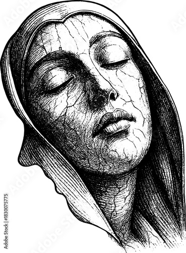 Vintage Engraving Emotional Woman Portrait, Cracked Face Symbolism, Spiritual Line Art Illustration, Surreal Artistic Clipart