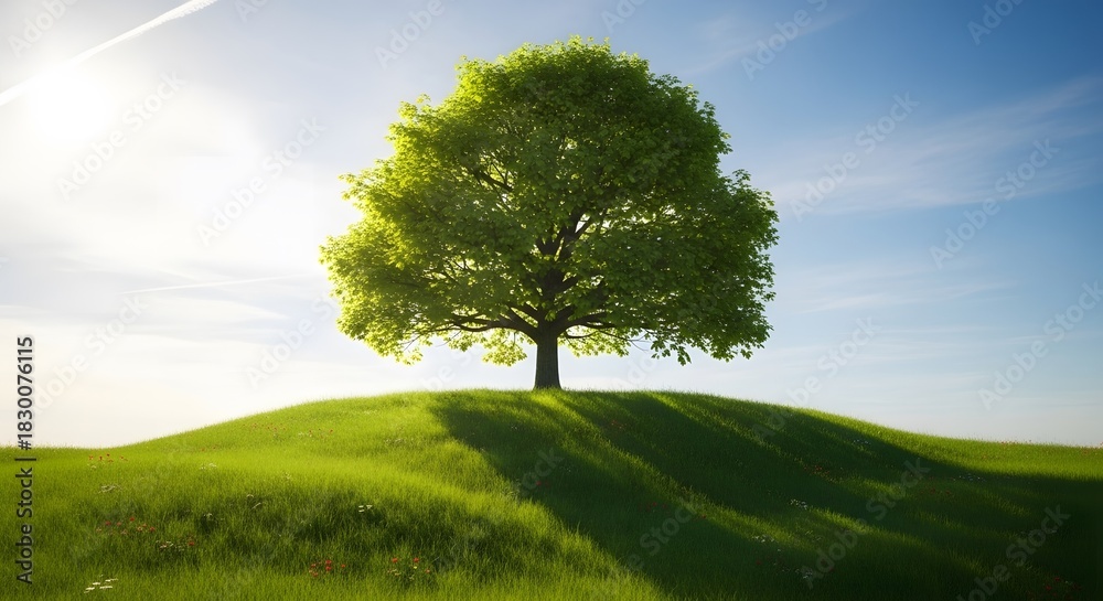 Fototapeta premium Single oak tree on a hill with blue sky background