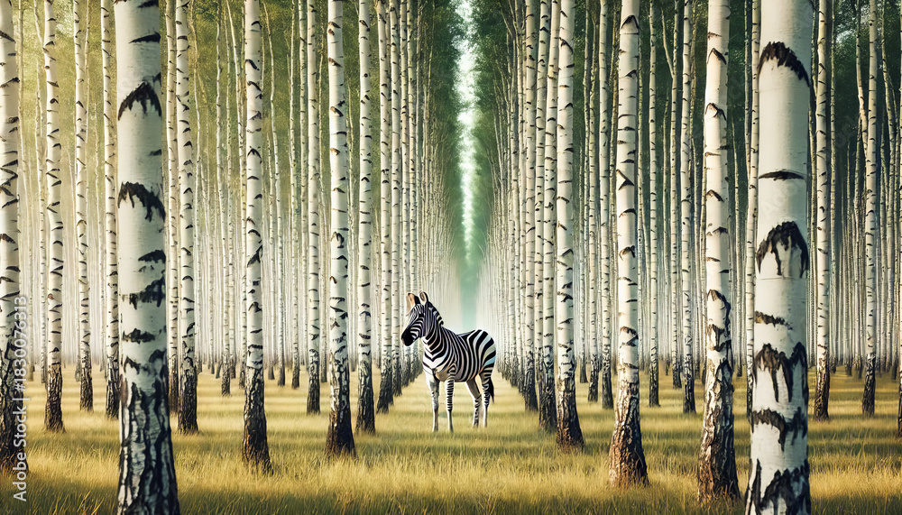 Naklejka premium zebra in a birch grove