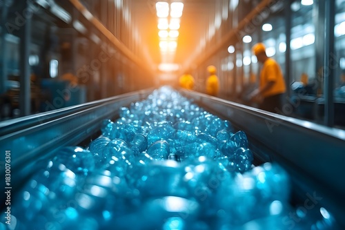 Plastic bottles moving along conveyor belt in modern recycling facility