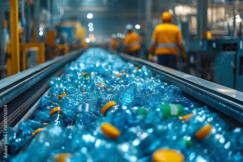Conveyor line filled with blue plastic bottles and orange caps in recycling plant