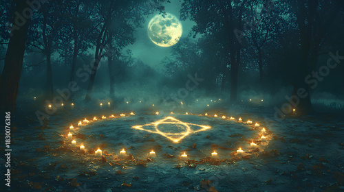 Mysterious circle of candles illuminates a magical forest clearing under a full moon.