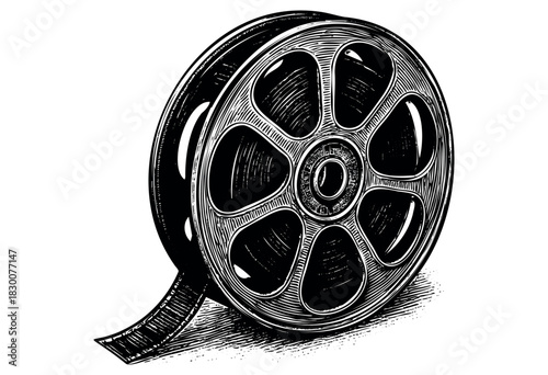 Detailed vintage engraving illustration of a classic film reel — stock vector.