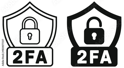 Two factor authentication icons, black and white vector illustration, padlock and shield symbols, method of increasing account security, concept of password and data protection, secure login graphics,