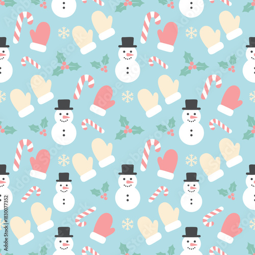 Cute Winter Holiday Seamless Design with Snowmen and Mittens