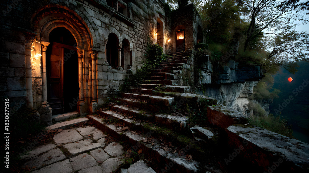 Fototapeta premium Mysterious ancient stone staircase leading to a dimly lit, weathered building on a cliffside at dusk.