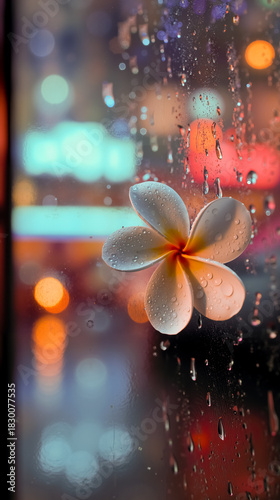 A flower with droplets of water on it seen through a window with city lights in the background