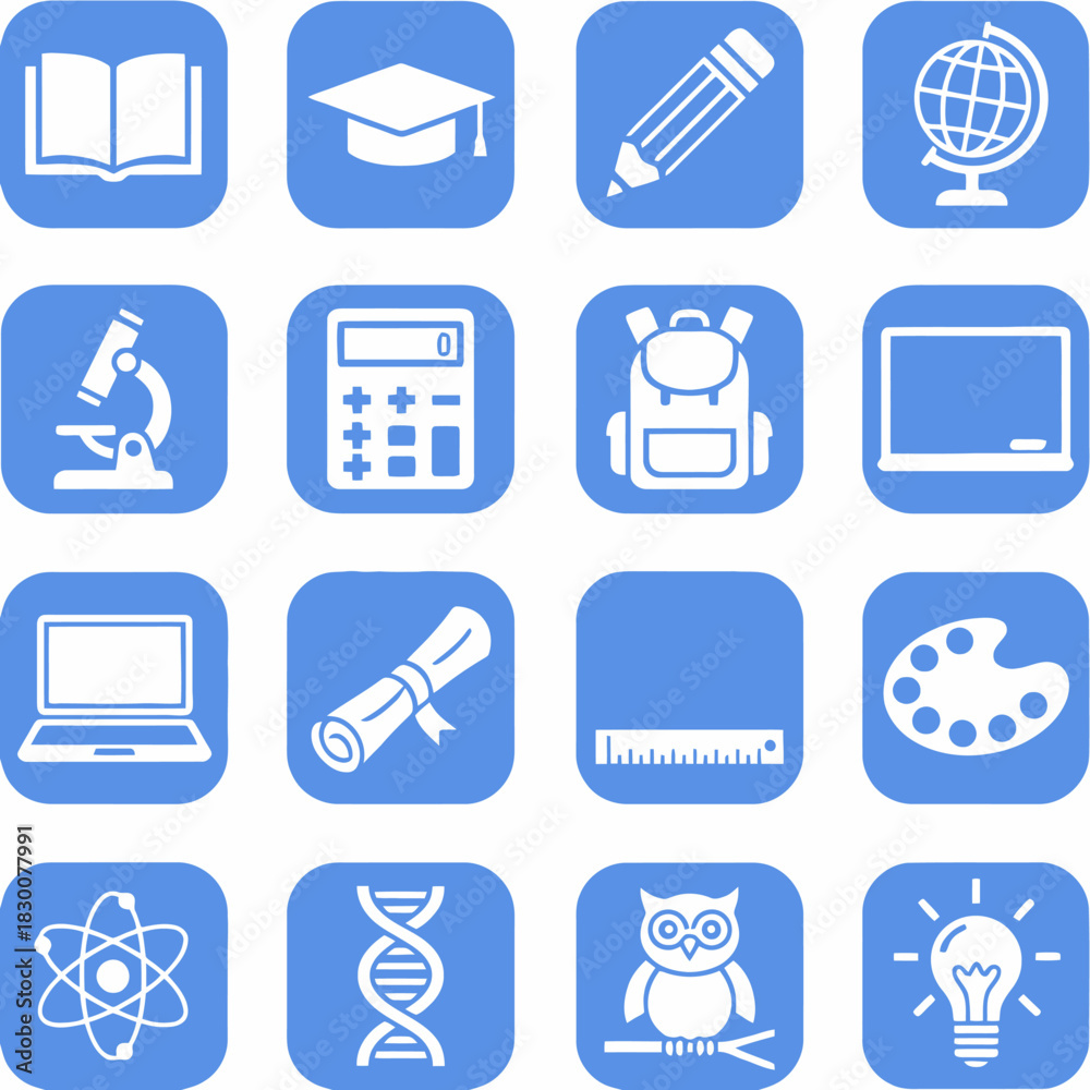 Naklejka premium A collection of flat design icons representing various school subjects and learning concepts.