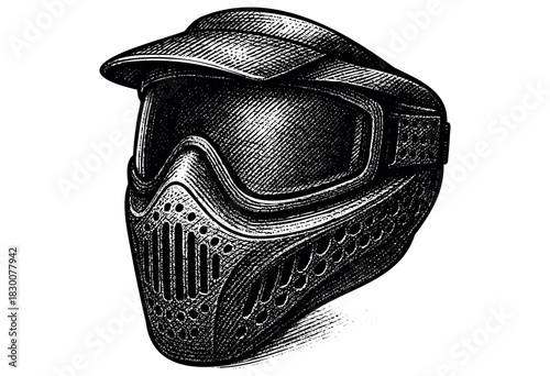 Detailed engraving illustration of a paintball protective mask — stock vector.