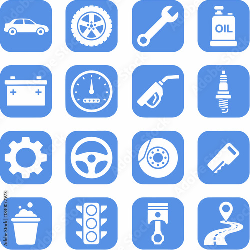 A collection of 16 white icons representing various car parts and automotive services, set against a vibrant blue background.
