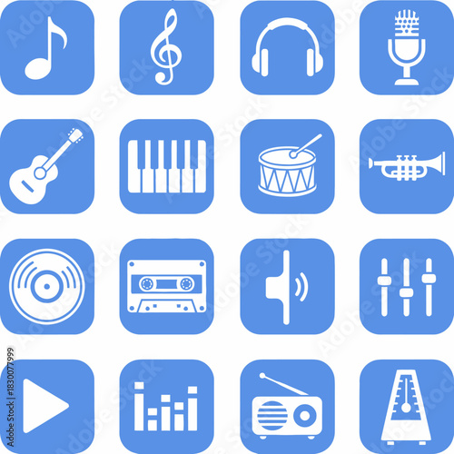 A collection of blue square icons featuring various white symbols representing music, instruments, and audio equipment.