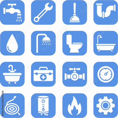 A collection of plumbing-related icons on a blue background, including a faucet, wrench, plunger, pipes, water drop, shower, toilet, bathtub, toolbox, valve, gauge, hose, 
