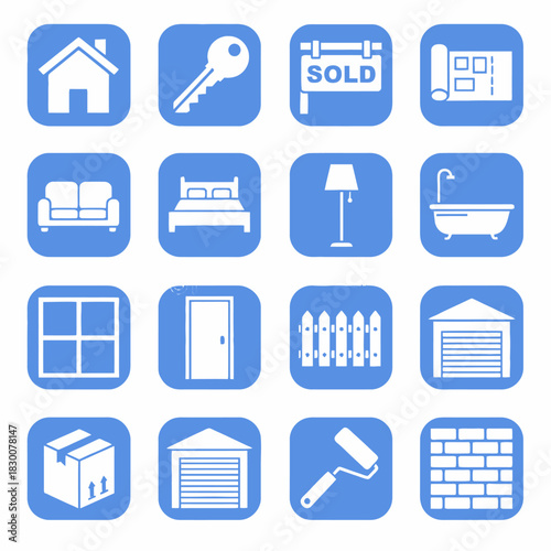 A collection of blue and white icons representing various aspects of real estate, home furnishings, and construction elements.