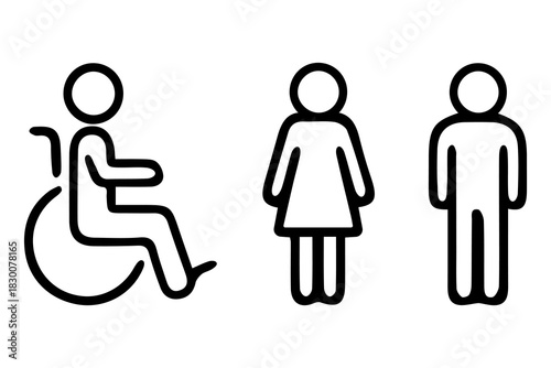 Male, Female, Handicap toilet sign. Male and female unisex toilet. Handicapped symbol. Bathroom sign isolated. man and woman in a wheelchair.