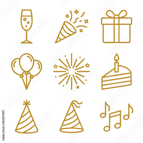 Golden Outline Party and Celebration Icons Collection