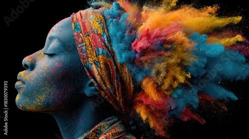 Artistic Portrait with Exploding Colorful Powder and Patterned Headwrap