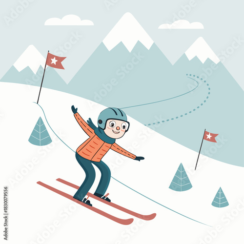 Un niño sonriente desciende por una pista de esquí marcada con banderas rojas, rodeado de árboles pequeños y montañas nevadas al fondo.
