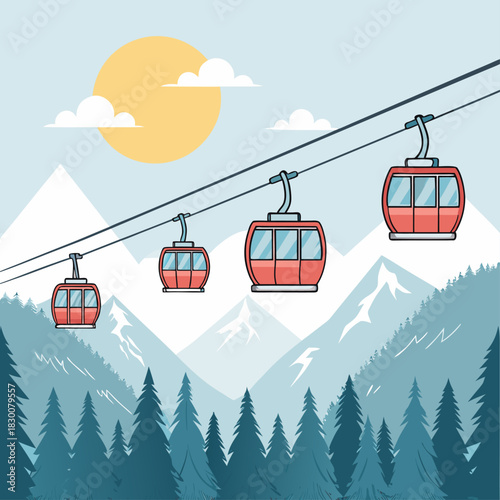 Cuatro cabinas de teleférico cruzan el cielo entre montañas nevadas y un denso bosque de pinos bajo el sol.
