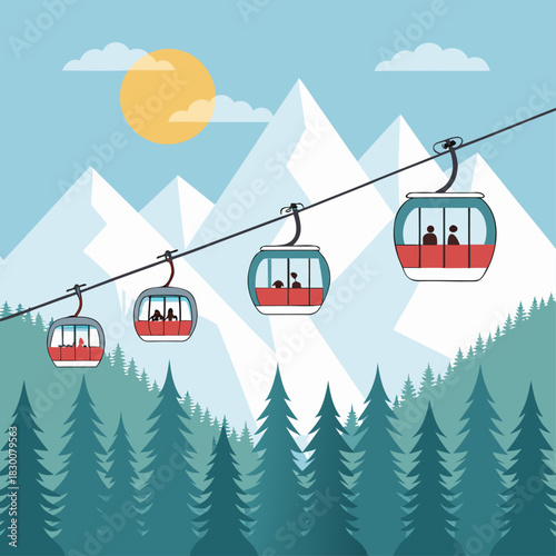 Varias personas viajan dentro de cabinas de teleférico suspendidas sobre un paisaje alpino con montañas nevadas y pinos altos, bajo el sol.
