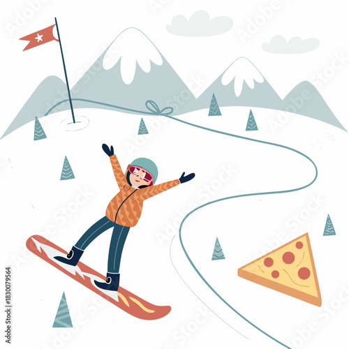 Una persona sonriente hace snowboard con los brazos abiertos en una pista nevada decorada con pinos pequeños y un trozo de pizza dibujado en el camino.
