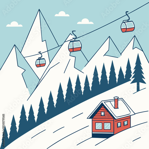 Una cabaña de madera se encuentra al pie de una montaña nevada, con un teleférico en funcionamiento por encima del bosque de pinos.
