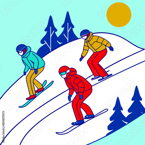 Tres personas bajan una colina nevada esquiando con trajes coloridos bajo el sol brillante, rodeados de árboles oscuros y cielo azul.
