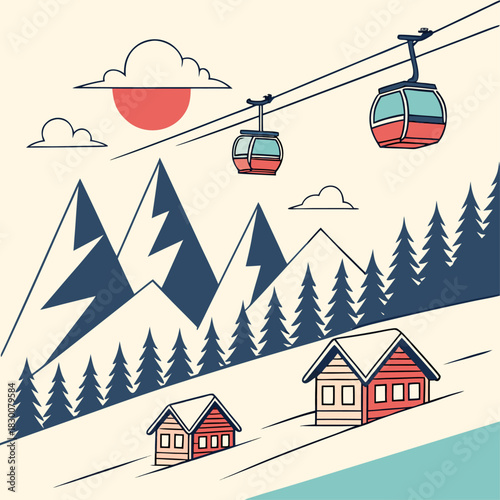 Varias cabinas de teleférico se deslizan sobre un pueblo de cabañas en una colina, con montañas y un cielo rojizo al atardecer.
