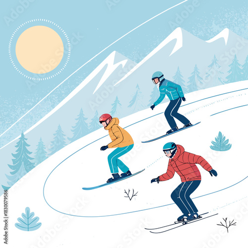 Tres personas bajan por una pendiente nevada: dos en snowboard y uno en esquís, en un paisaje soleado con montañas y árboles.
