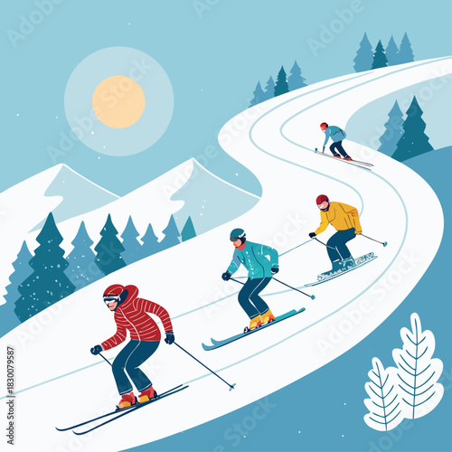 Cuatro esquiadores descienden una pista curvada en una montaña nevada, rodeados de árboles y con el sol brillando en el cielo despejado.
