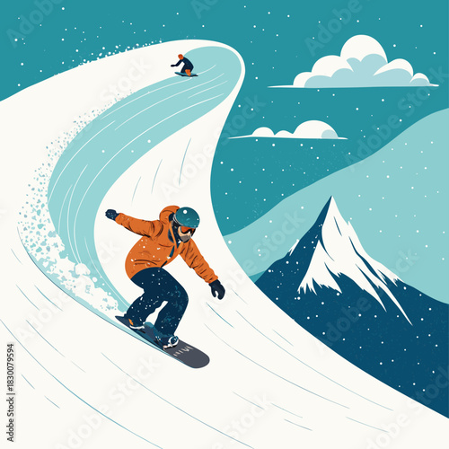 Dos snowboarders descienden una empinada cima cubierta de nieve en un día despejado, con montañas lejanas bajo cielo azul.
