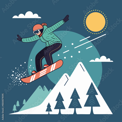 Una mujer realiza un salto en snowboard sobre una montaña cubierta de nieve, con el sol brillante y árboles de pino al fondo.
