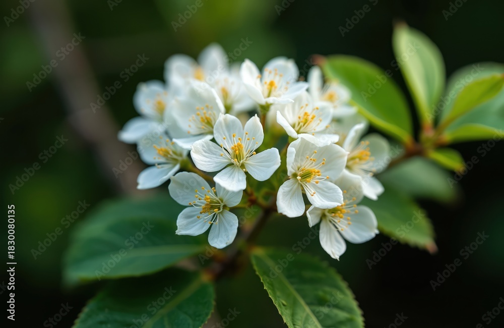 Obraz premium Closeup of hawthorn bush blooms in springtime. White petals are delicate with yellow stamen. Green leaves surround flowers. Floral beauty reveals nature in spring season at outdoor park.