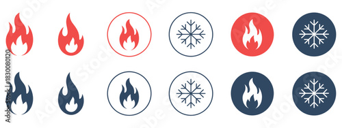 Fire and snowflake vector icon representing hot and cold sign for apps, digital temperature symbol, weather UI design, seasonal interface graphics, energy concept, climate control illustration, dual t