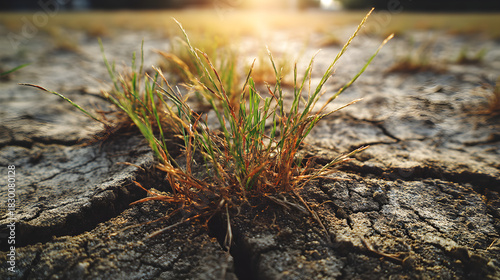 Resilient green grass sprouts through cracked dry earth, symbolizing hope and perseverance in harsh conditions.