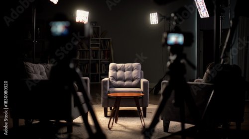 A dimly lit room with a chair and a table with cameras and lights set up for filming