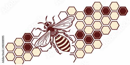 Stylized bee or wasp illustration flying over a honeycomb pattern of hexagonal cells in shades of brown and beige