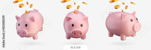 3D piggy bank set. Vector pig with falling golden coins. Isolated finance and banking concept realistic design element