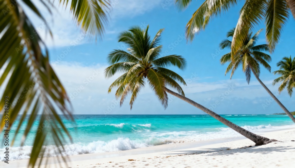 Fototapeta premium Sunny tropical beach landscape, turquoise ocean waves, white sand, palm trees gently leaning over the water