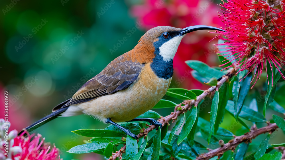 Fototapeta premium A bird with a blue head and a brown body is perched on a branch with pink flowers