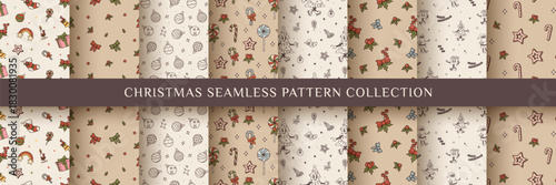 Christmas seamless pattern collection. Festive vector texture with xmas elements and characters in groovy style. Christmas tree, ginger bread, candy cane, bow, berries