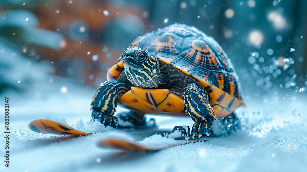 Obraz premium Skiing Turtle in a Winter Wonderland. Turtle on the Trails