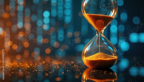 Glass hourglass with orange sand falling through. Abstract digital background of blue and orange bokeh lights. Concept for time passing productivity deadlines and tech.