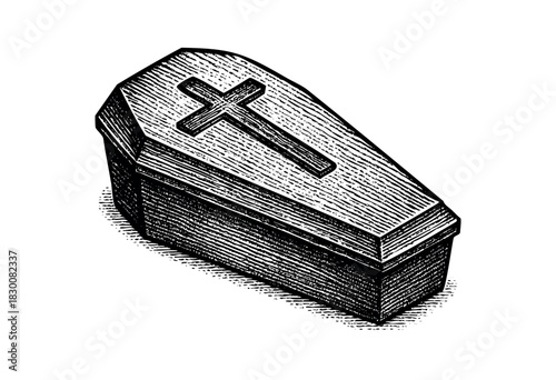 Detailed vintage engraving illustration of a coffin with a cross — stock vector.