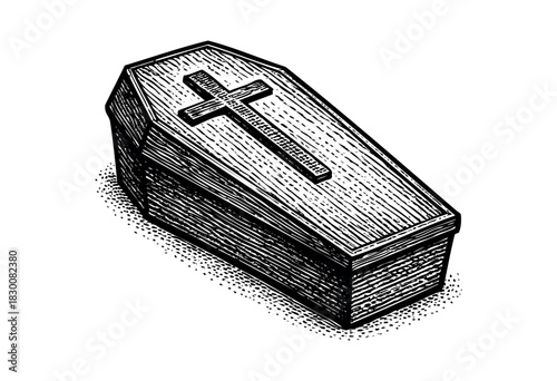 Detailed vintage engraving illustration of a coffin with a cross — stock vector.