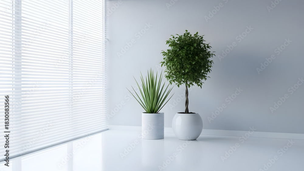 Fototapeta premium Serene minimalist interior scene featuring natural light filtering through blinds and calming houseplants, creating a