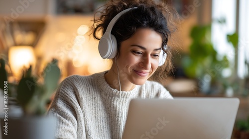 Happy woman enjoying music streaming on her laptop