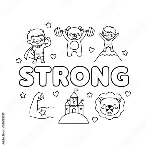 Strong Hand Lettering Typography Coloring Book Page Vector. Resilience and Self-Confidence Activity for Kids with Empowering Outlined Elements generative ai
